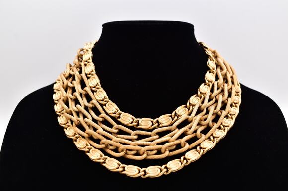 Unbranded Jewelry - Vintage 1980s Gold Multi Strand Chain Necklace Bow Bib Statement Collar 80s BinT